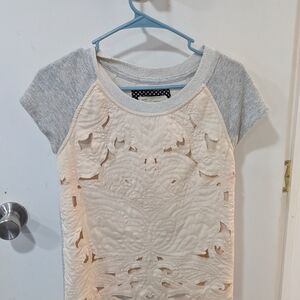 Anthropologie Cream and Gray Lace Short Sleeve Top